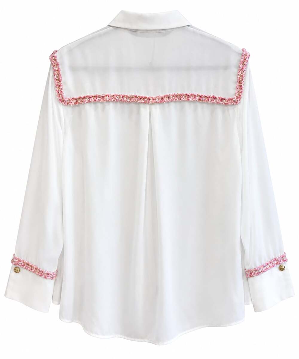 Zara Women's White Pink Tweed Trim Sheer Button Down Blouse (Size M) - Picture 3 of 5